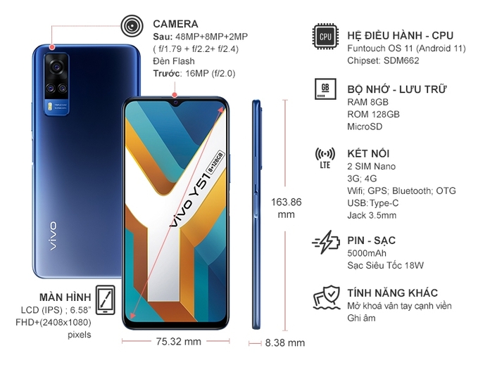 Điện thoại Vivo Y51 8GB/128GB Xanh Dương