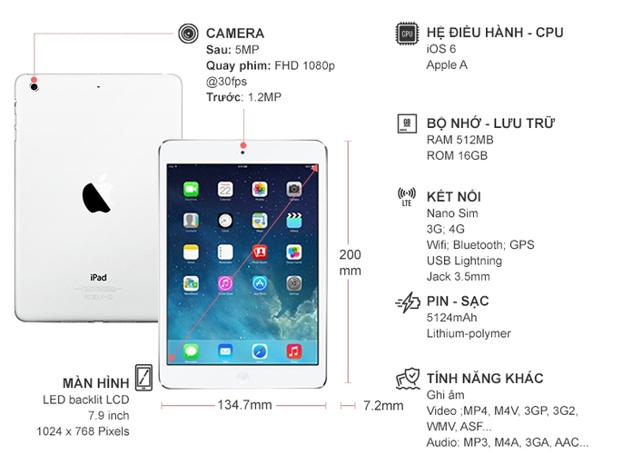 MÁY TÍNH BẢNG APPLE IPAD MINI WI-FI CELLULAR 64GB WHITE-THA_MD545TH/A