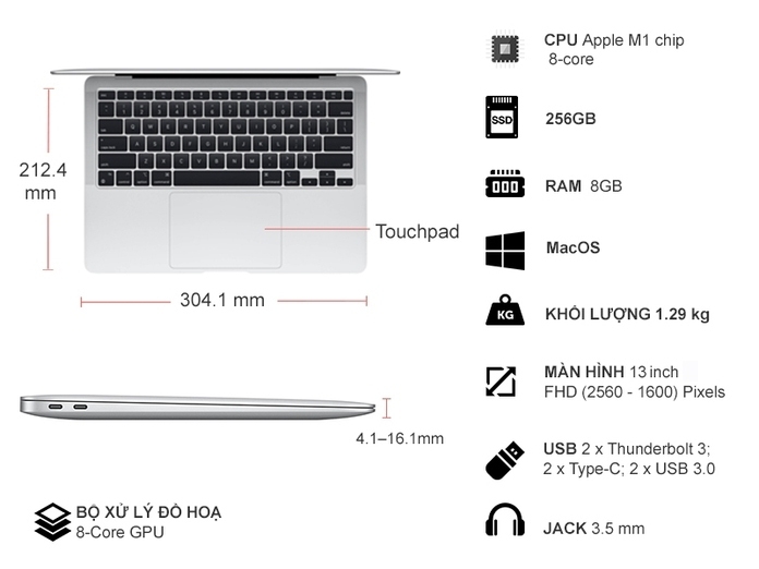 Laptop MacBook Air M1 13 inch 256GB MGN93SA/A Bạc