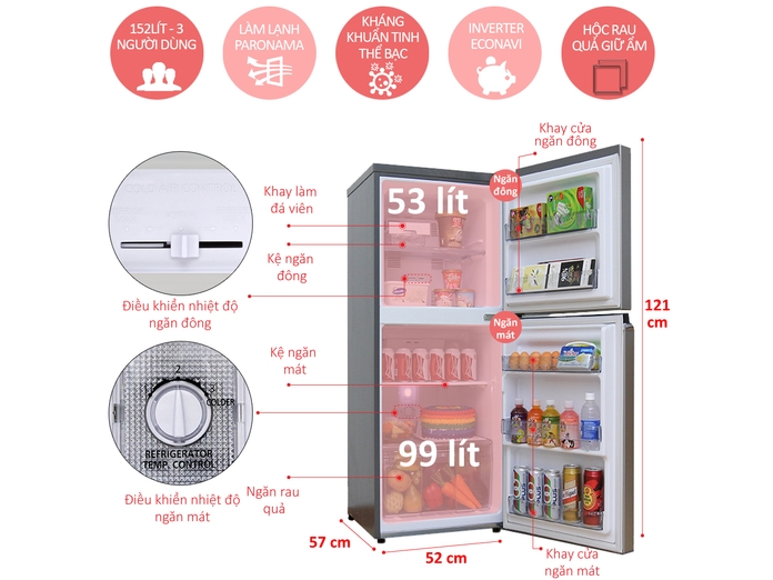 TỦ LẠNH PANASONIC 152 LÍT NR-BA178PSVN