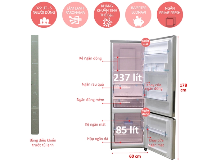 TỦ LẠNH PANASONIC 322 LÍT NR-BV368XSVN