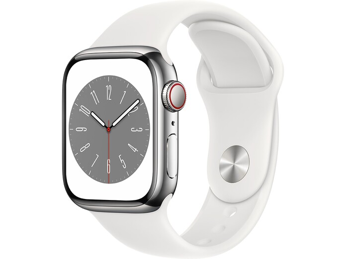 Apple Watch S8 LTE 41mm viền thép Bạc dây silicone Trắng MNJ53VN/A nghiêng trái